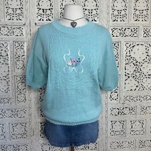 Vtg Light Blue Floral Embroidered Textured Grannycore Short Sleeve Sweater Sz M